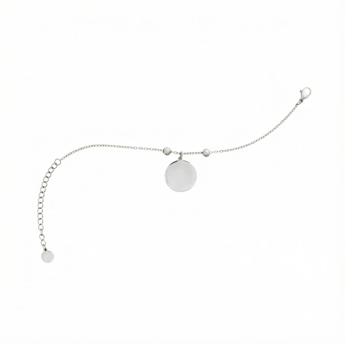 Silberfarbenes Edelstahlarmband mit feiner Kette, zwei kleinen Stopper-Perlen und einem glatten runden Anhänger, der individuell mit einer Zeichnung oder Gravur personalisiert werden kann.