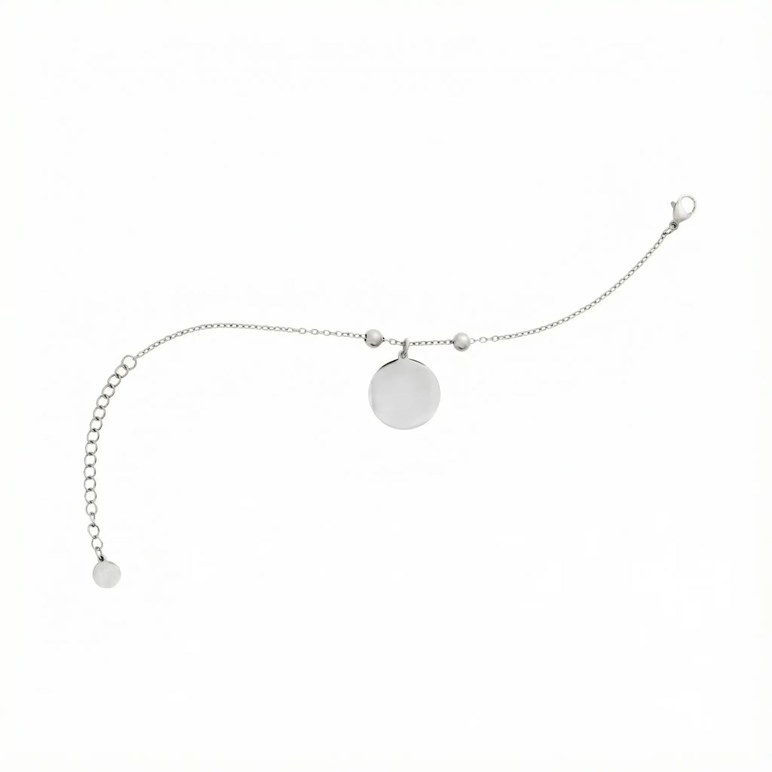 Silberfarbenes Edelstahlarmband mit feiner Kette, zwei kleinen Stopper-Perlen und einem glatten runden Anhänger, der individuell mit einer Zeichnung oder Gravur personalisiert werden kann.