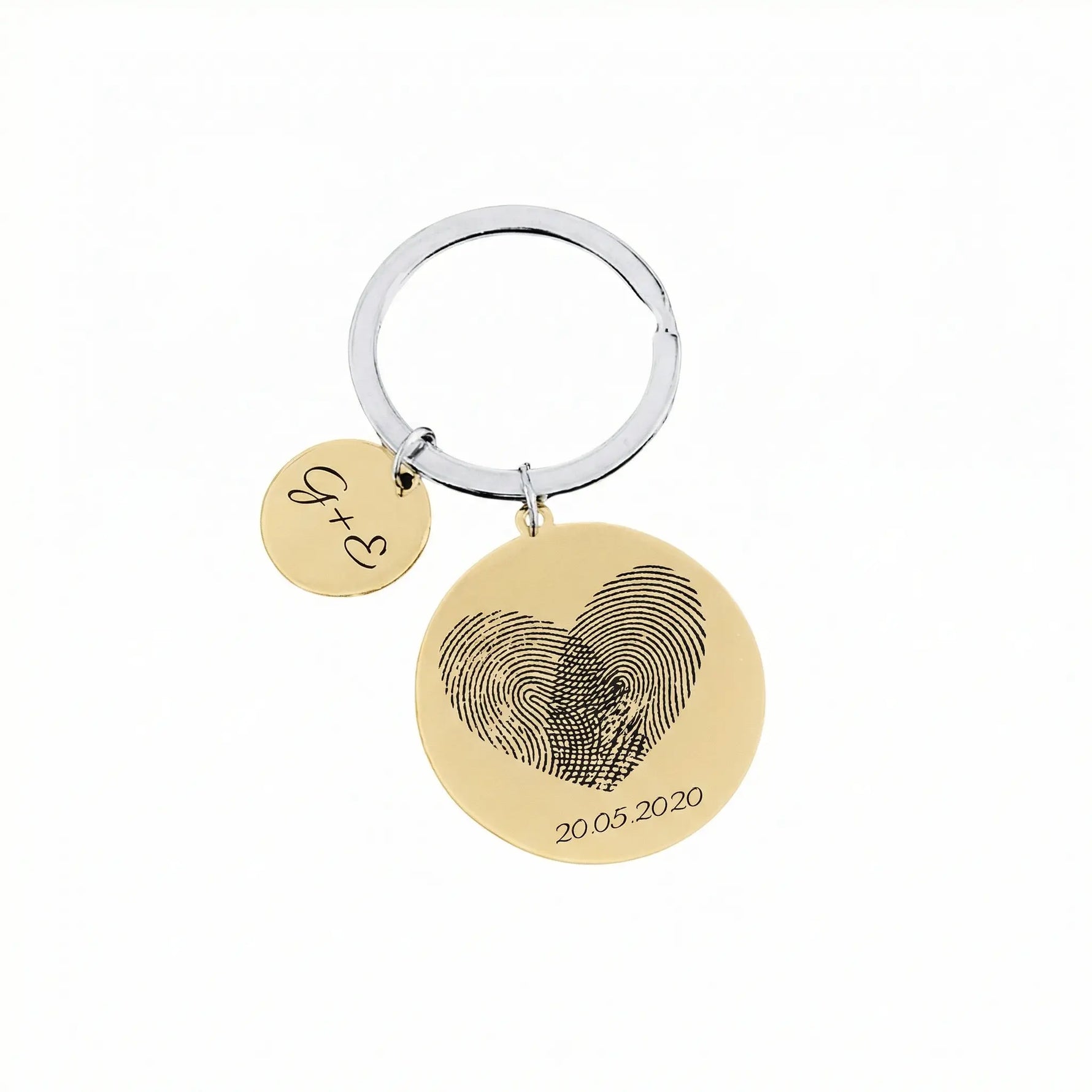 Personalisierter Edelstahl-Schlüsselanhänger in Gold mit graviertem Fingerabdruck in Herzform, Datum und Initialen.