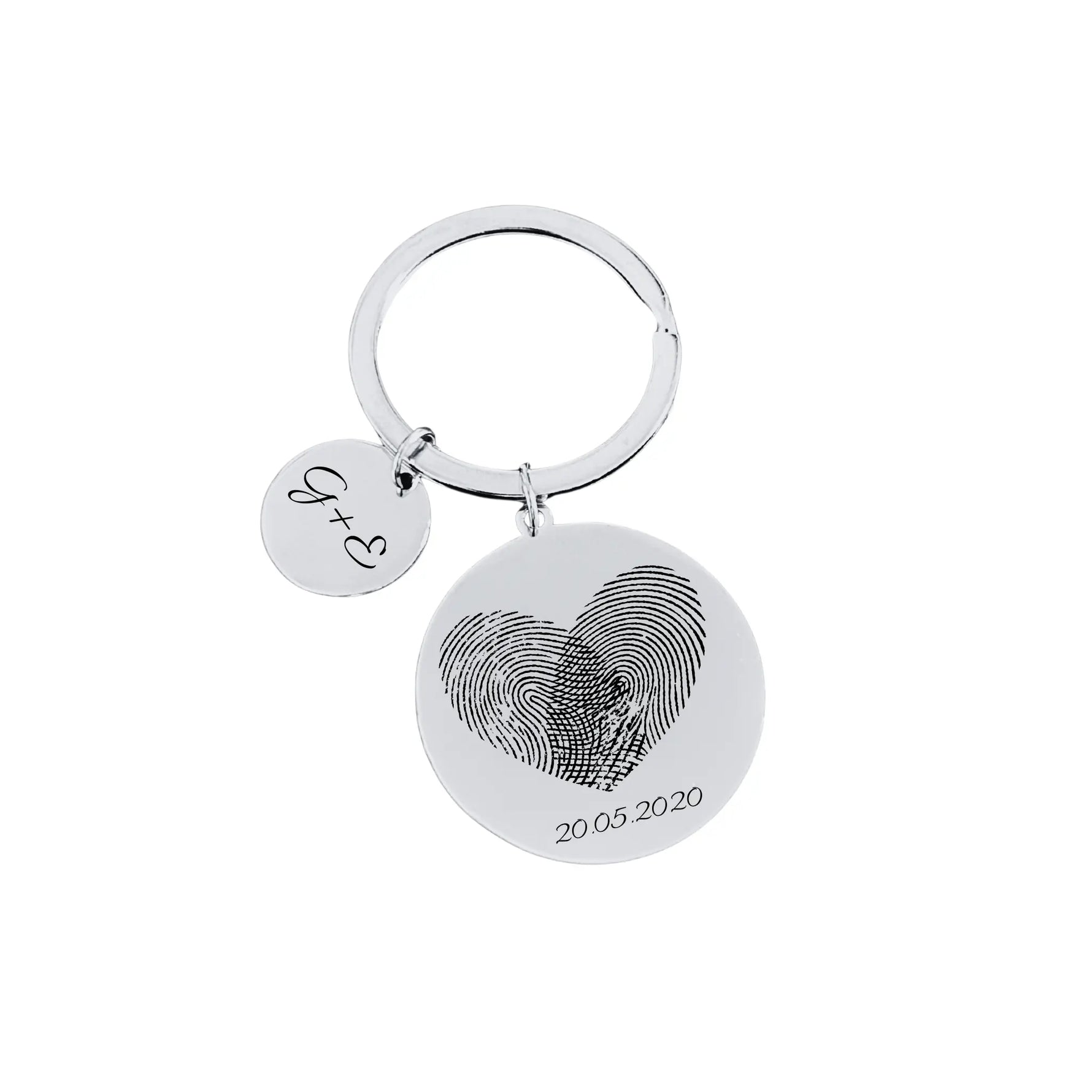 Personalisierter Edelstahl-Schlüsselanhänger in Silber mit Herz-Fingerabdruck, Gravurdatum und Initialen.