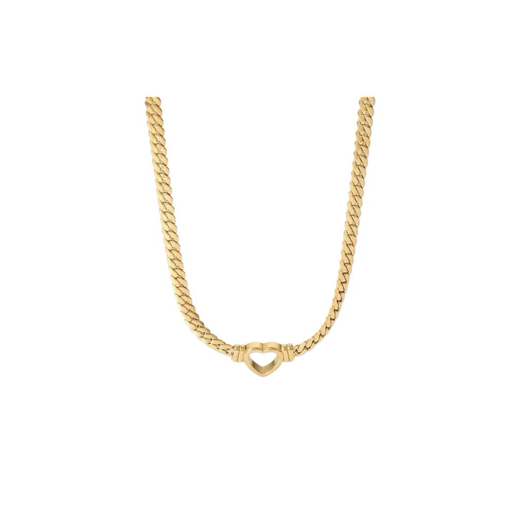 Goldene Herzkette aus Edelstahl – flach präsentiert mit details